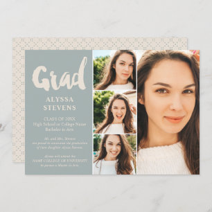 Retro blue simple Grad script 4 photos graduation Invitation