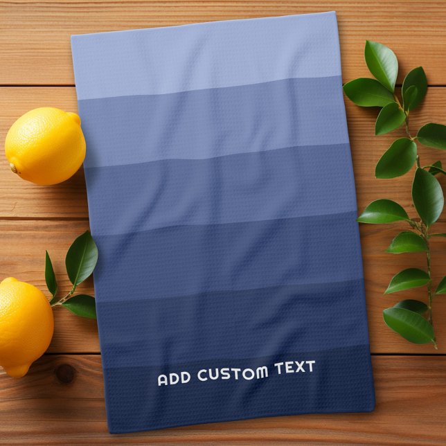 Retro Blue Stripes with Simple Sans Serif Name Tea Towel (Retro Stripes Custom Kitchen Towel)