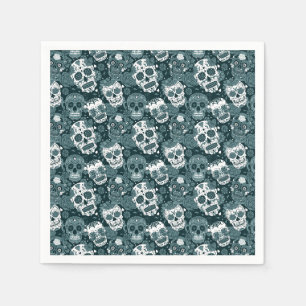 retro blue sugar skull floral ornamental pattern napkin
