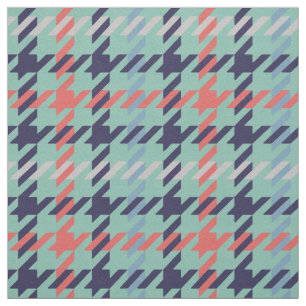 Retro blue teal coral houndstooth plaid pattern fabric