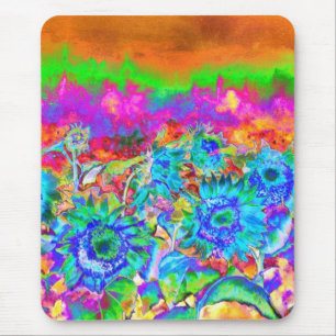 Retro blue teal florals colourful sunflower fields mouse pad