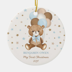 Retro Blue Teddy Bear Balloons Baby 1st Christmas Ceramic Ornament