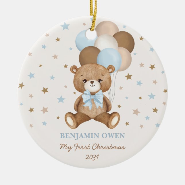 Retro Blue Teddy Bear Balloons Baby 1st Christmas Ceramic Ornament (Front)