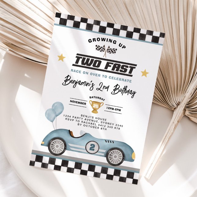 Retro Blue Two Fast Race Car Boy 2nd Birthday Invitation (Creator Uploaded)