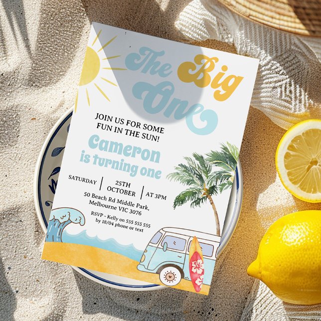 Retro Blue Van Surfer The Big One 1st Birthday Invitation (The Big One Invitation Template, Beach Surf The Big One 1st Birthday Invitation, 
Surf 1st Birthday )