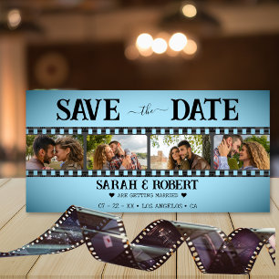 Retro Blue Vignette Photo Collage Film Strip Save The Date