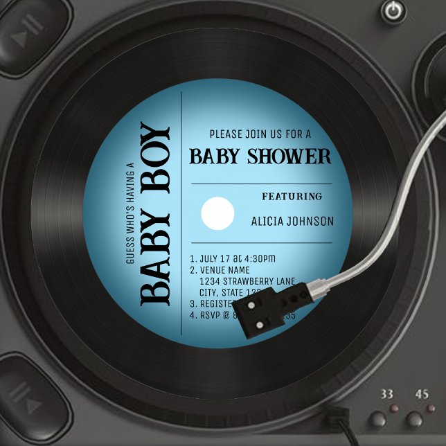 Retro Blue Vignette Vinyl Record Boy Baby Shower Invitation (Retro Blue Vignette Vinyl Record Boy Baby Shower Invitation)