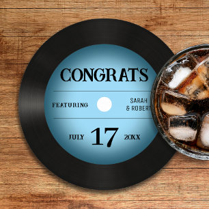 Retro Blue Vinyl Record Wedding Congratulations Round Paper Coaster