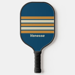 Retro Blue Wave Across Striping with Name Pickleball Paddle