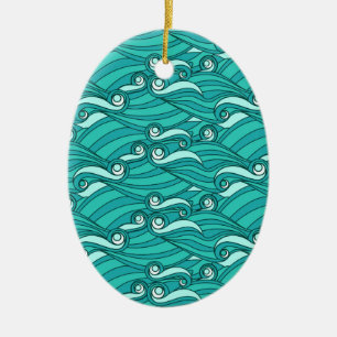 Retro blue waves doodle surf art ceramic ornament