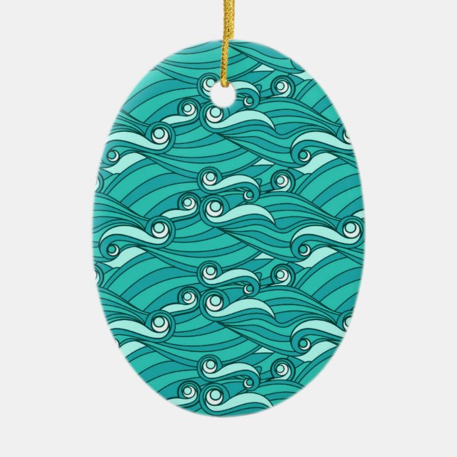 Retro blue waves doodle surf art ceramic ornament (Front)