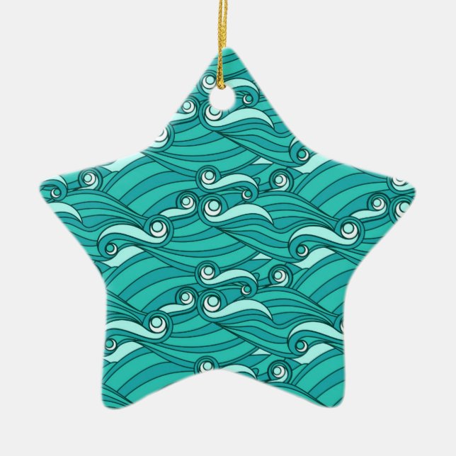 Retro blue waves doodle surf art ceramic ornament (Front)