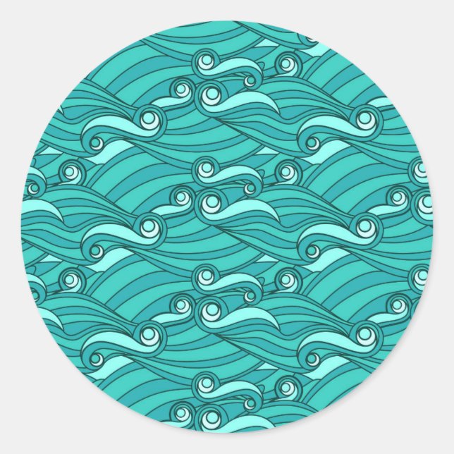 Retro blue waves doodle surf art classic round sticker (Front)