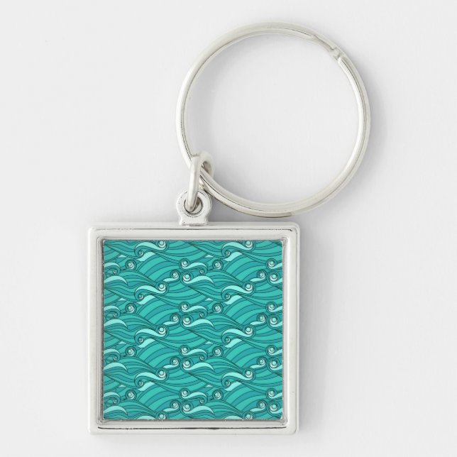 Retro blue waves doodle surf art key ring (Front)