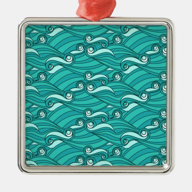 Retro blue waves doodle surf art metal tree decoration (Front)