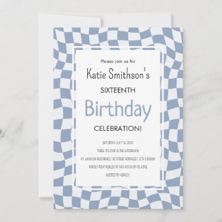 Retro Blue Wavy Check Birthday Invitation