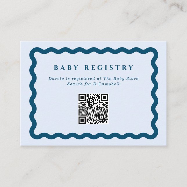 Retro Blue Wavy Frame Baby Registry QR Code Enclosure Card (Front)