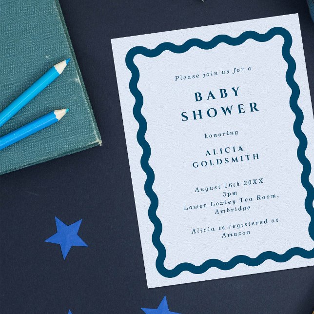 Retro Blue Wavy Frame Baby Shower Invitation (Creator Uploaded)