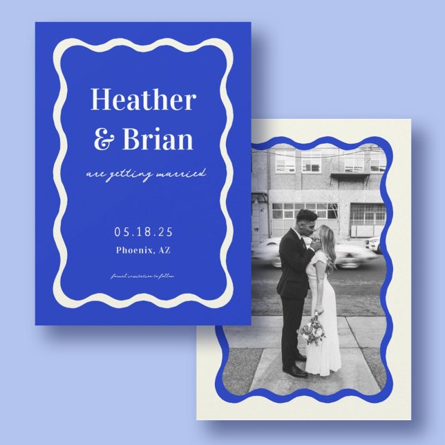 Retro Blue Wavy Squiggle Photo Wedding Save The Date (Creator Uploaded)