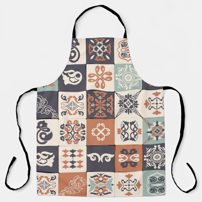 Retro Blue, white and orange Azulejos Pattern Lisb Apron (Front)