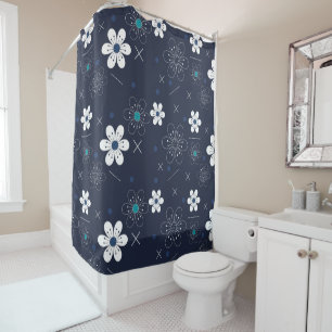 Retro blue white flower  shower curtain