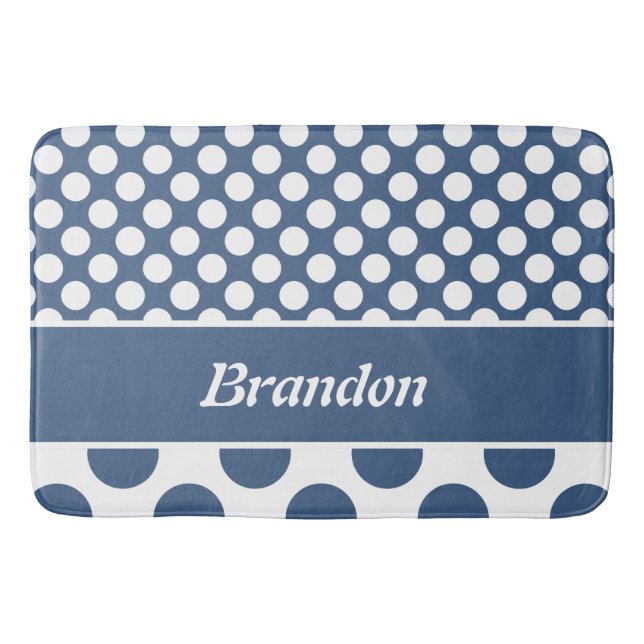 Retro Blue & White Polka Dot Name Bath Mat (Front)