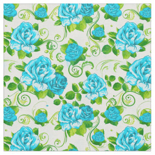 Retro Blue & White Roses Floral Pattern 2 Fabric