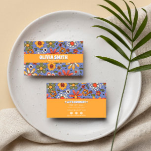 Retro Blue Yellow Boho Groovy Floral 70s Trendy Business Card