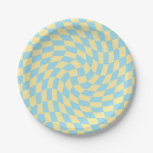 Retro Blue Yellow Checks Warped Chequerboard Paper Plate