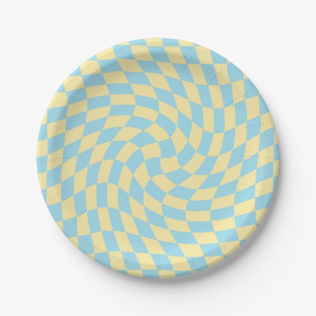 Retro Blue Yellow Checks Warped Chequerboard Paper Plate (Front)