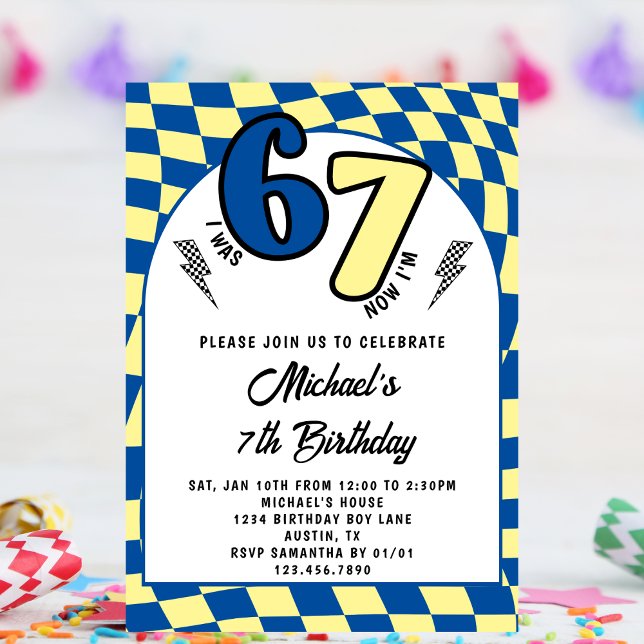 Retro Blue Yellow Chequered 6 7 Boy 7th Birthday  Invitation (Creator Uploaded)