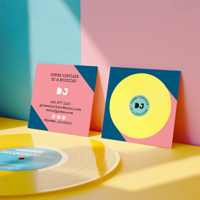 Retro blue yellow modern music dj vinyl musician square business card (Retro blue yellow modern music dj vinyl musician)