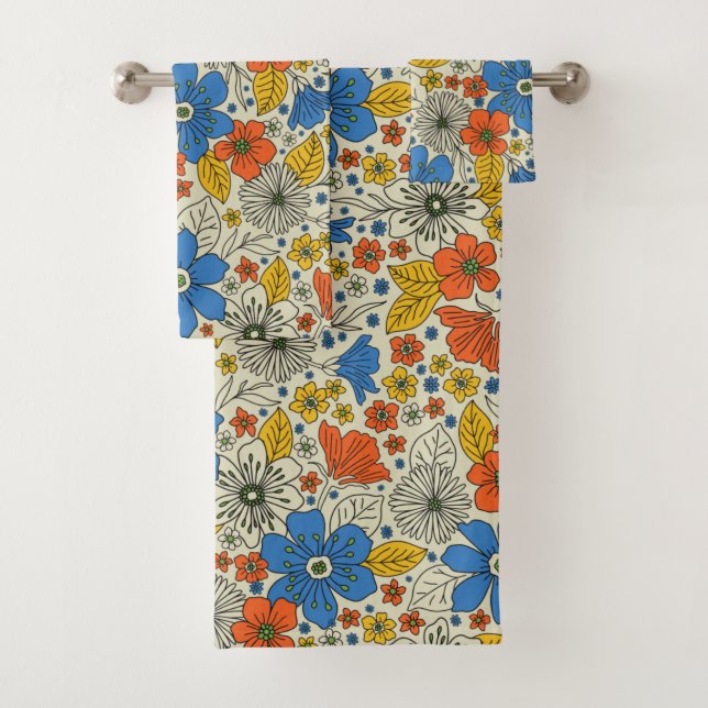 Retro Blue, Yellow & Orange Floral Bath Towel Set (Insitu)