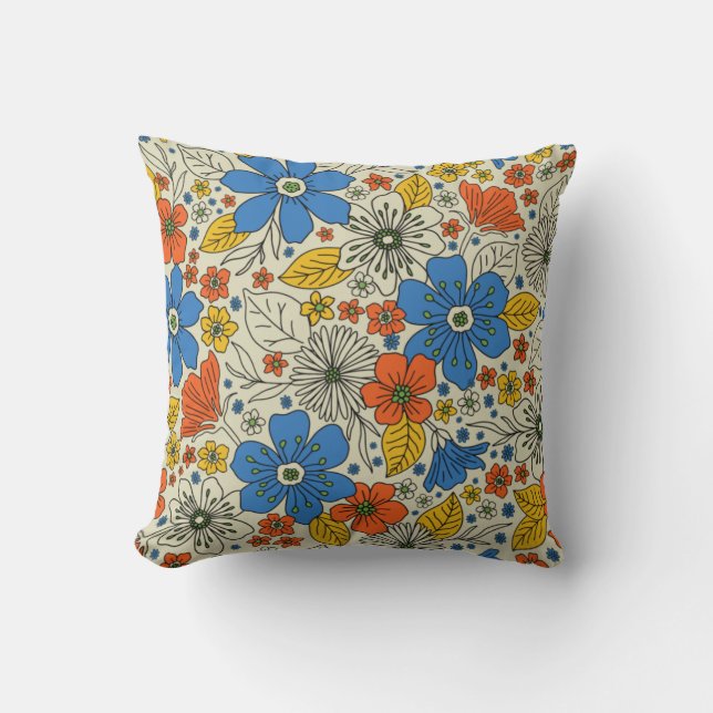 Retro Blue, Yellow & Orange Floral Cushion (Front)