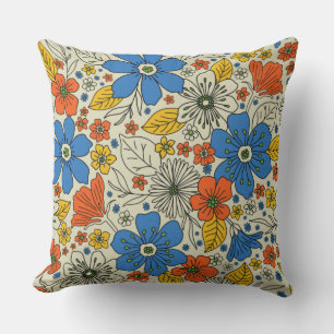Retro Blue, Yellow & Orange Floral Cushion