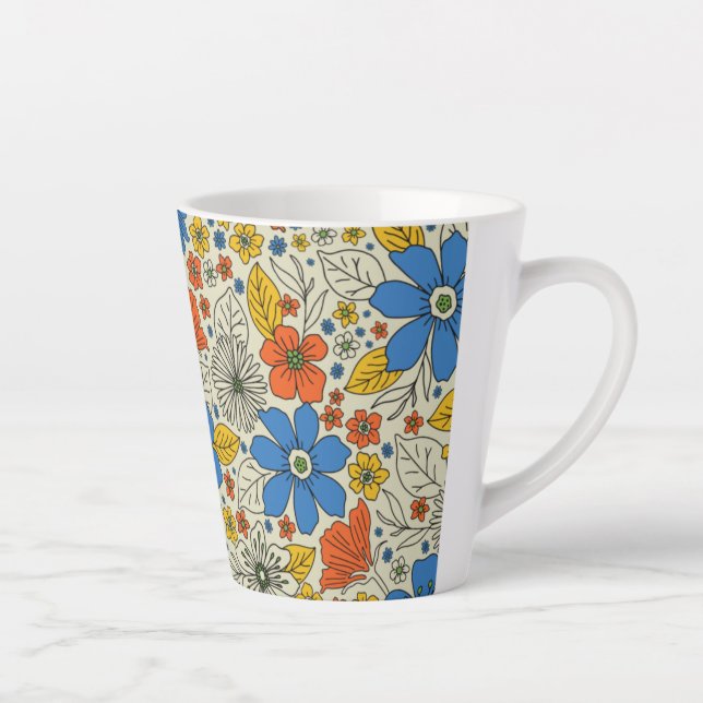 Retro Blue, Yellow & Orange Floral Latte Mug (Right)
