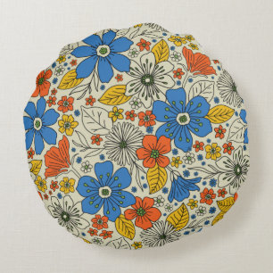Retro Blue, Yellow & Orange Floral Round Cushion