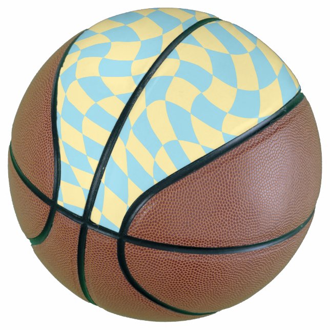 Retro Blue Yellow Pastel Warped Chequerboard Basketball (Angled)