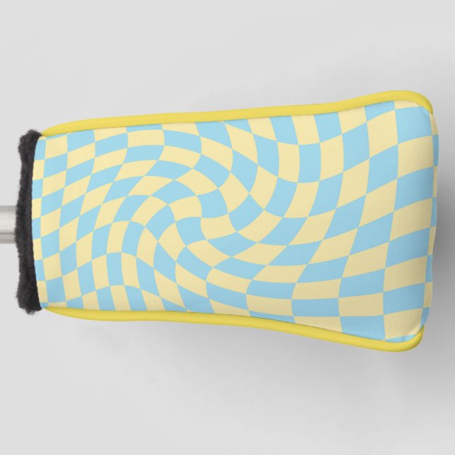 Retro Blue Yellow Pastel Warped Chequerboard  Golf Head Cover (Front)