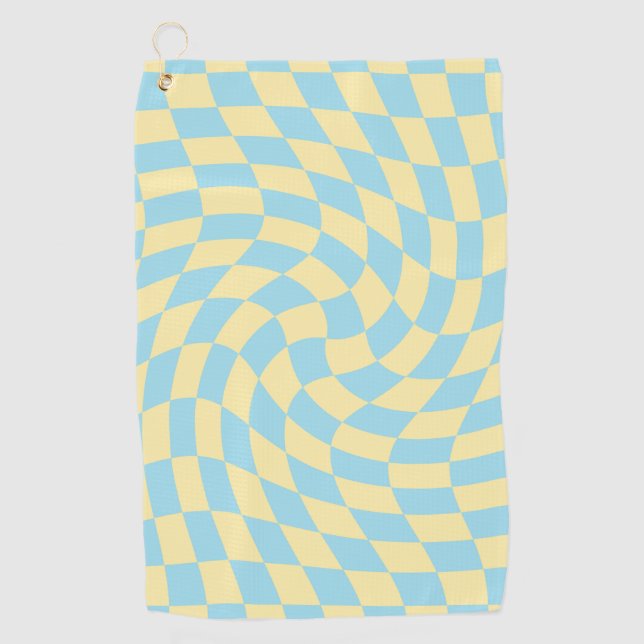 Retro Blue Yellow Pastel Warped Chequerboard Golf Towel (Front)
