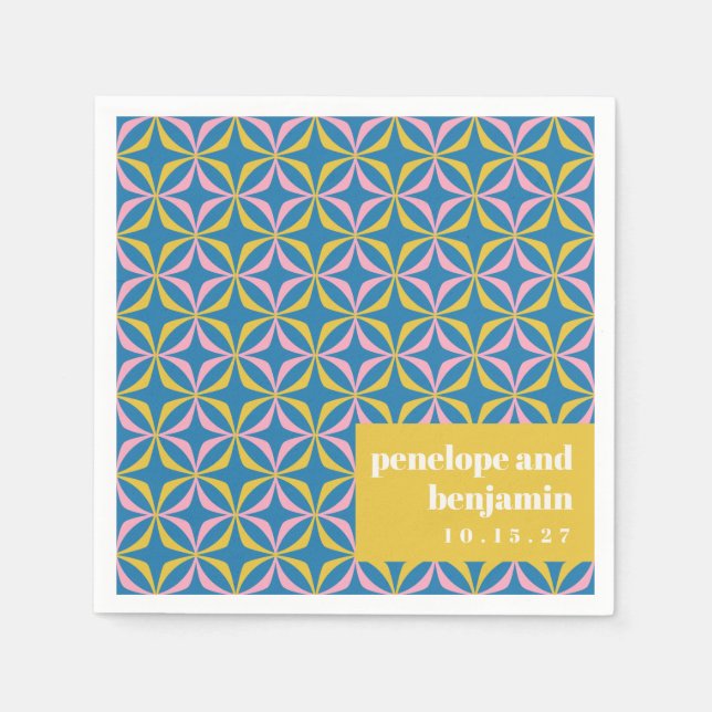 Retro Blue Yellow Pattern Fun Bold Wedding Custom Napkin (Front)