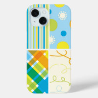 Retro Blue Yellow Plaid Pattern Dots Scribbles