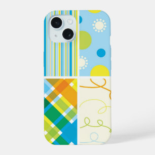 Retro Blue Yellow Plaid Pattern Dots Scribbles iPhone 15 Case