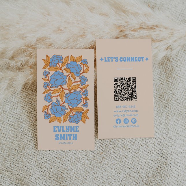 Retro Blue Yellow QR Code Groovy Floral Funky Boho Business Card (Creator Uploaded)