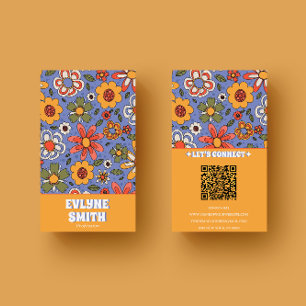 Retro Blue Yellow QR Code Groovy Floral Trendy  Business Card