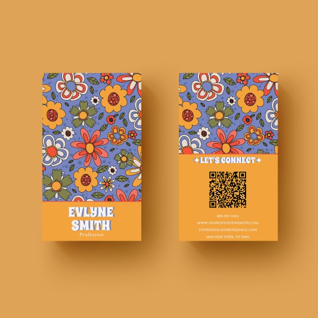 Retro Blue Yellow QR Code Groovy Floral Trendy  Business Card (Creator Uploaded)