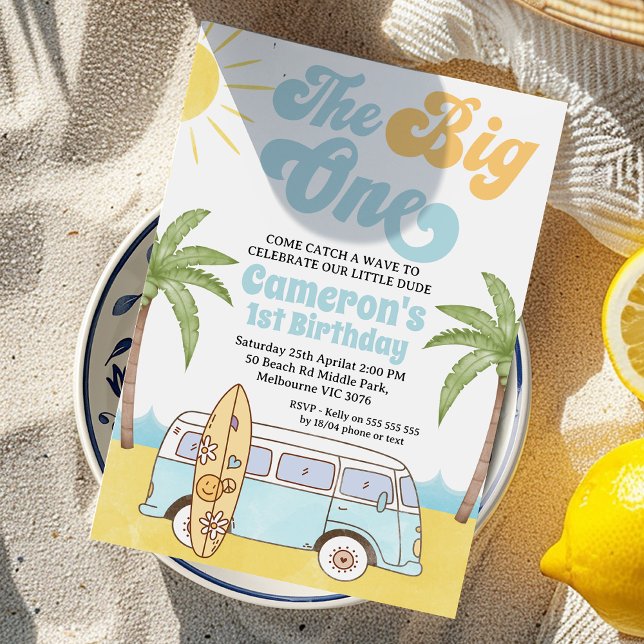 Retro Blue Yellow Surf Big One 1st Birthday Invitation (Surf Big One Birthday Invitation, The Big ONE Surfer First Birthday Invitation Template, Retro
)