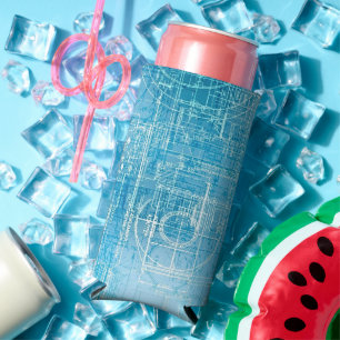 Retro Blueprint Seltzer Can Cooler