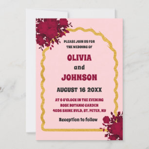 Retro Blush Burgundy Floral Gold Arch Frame Invitation
