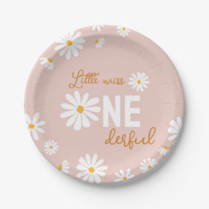 Retro Blush Pink Daisy First Birthday Paper Plate